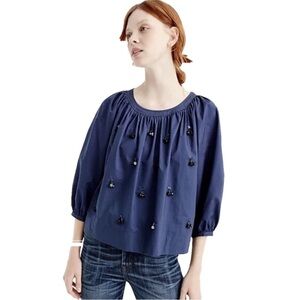 J. Crew Perfect Embellished Top blue 3/4 sleeve beaded puffed sleeves size S
